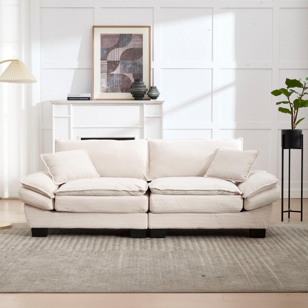 2-SITZER-SOFA aus Samt 224x81x81 cm Beige mit extratiefem Sitz, 2 Kissen und gepolsterten Armlehnen - Beige, Textil (81/81/224cm) - Modfu