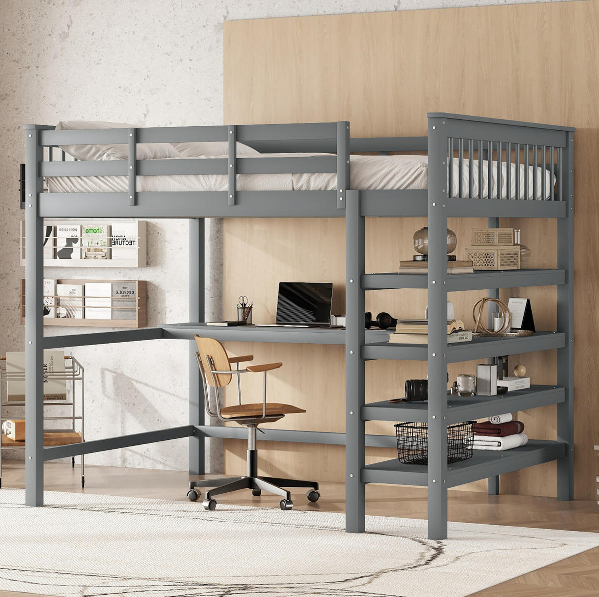 VISOKI krevet 140/200 cm s radnim stolom i policama, sigurnosnom ogradom i minimalističkim dizajnom, Siva - siva, drvni materijal (140/200cm) - Redom