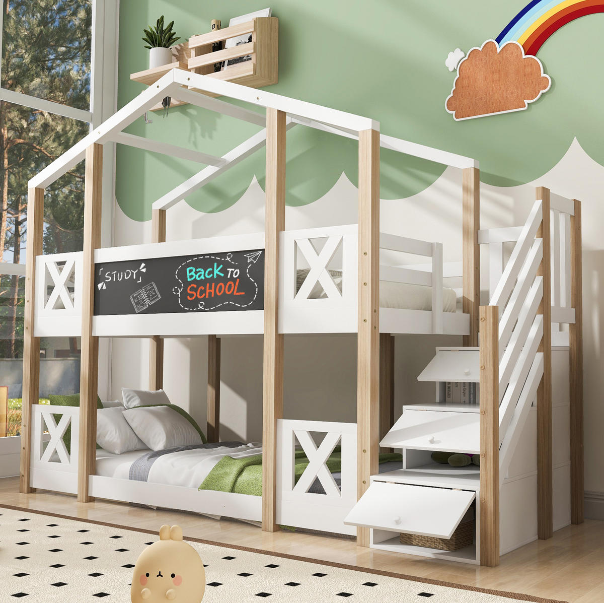 HAUSBETT 90/200 cm in Weiß/Natur mit Treppe, Stauraum und Tafel - Weiß, Holzwerkstoff (90/200cm) - BEAOK