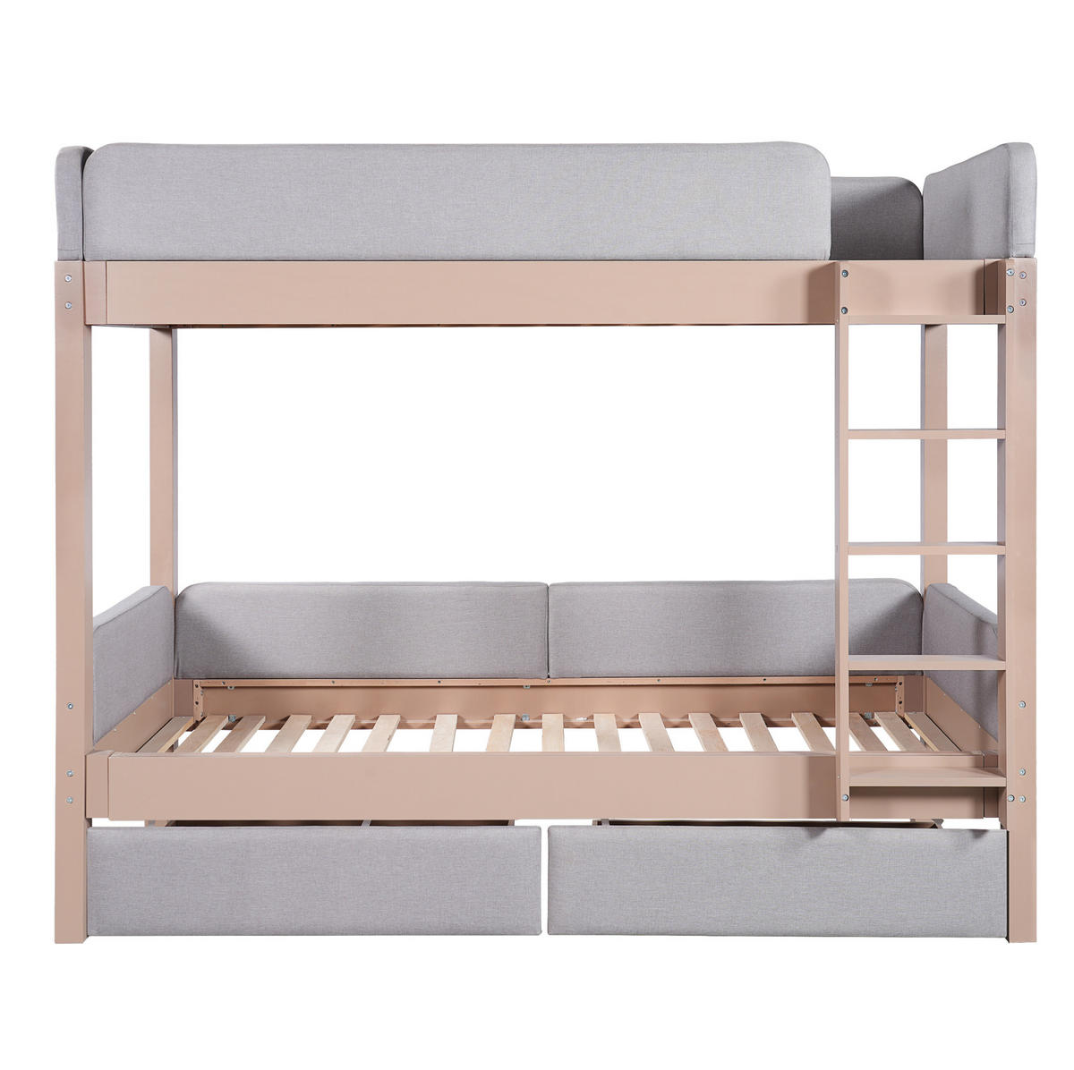 ETAGENBETT aus Kautschukholz und MDF 90x200 cm Grau/Natur mit Treppe und 2 Schubladen - Grau, Holzwerkstoff (90/200cm) - IVMEU