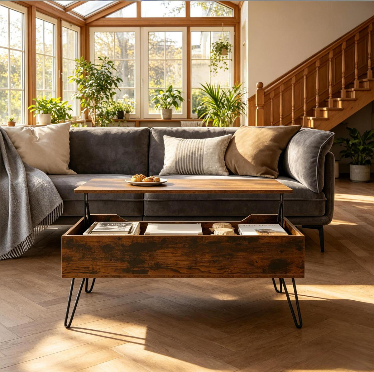 COUCHTISCH aus Holz und Metall 95x50x55,5 cm in Rustikalbraun mit Hubplatte - Braun, Holzwerkstoff (95/50/55.5cm) - Modfu