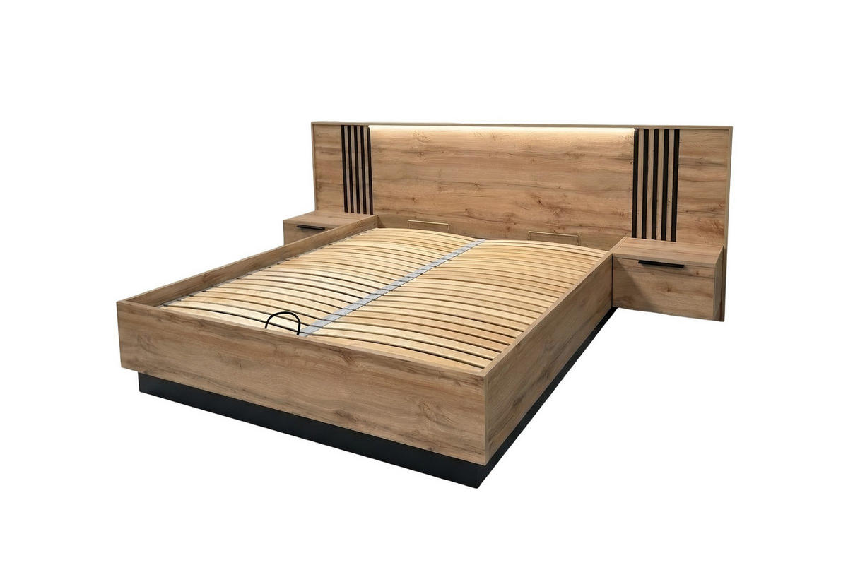 BETT LABOO LUX 160 / 200 cm in Eiche Wotan / Schwarz mit Lamellen - Eiche Wotan/Schwarz, Holzwerkstoff (160/200cm) - Deine Möbel 24