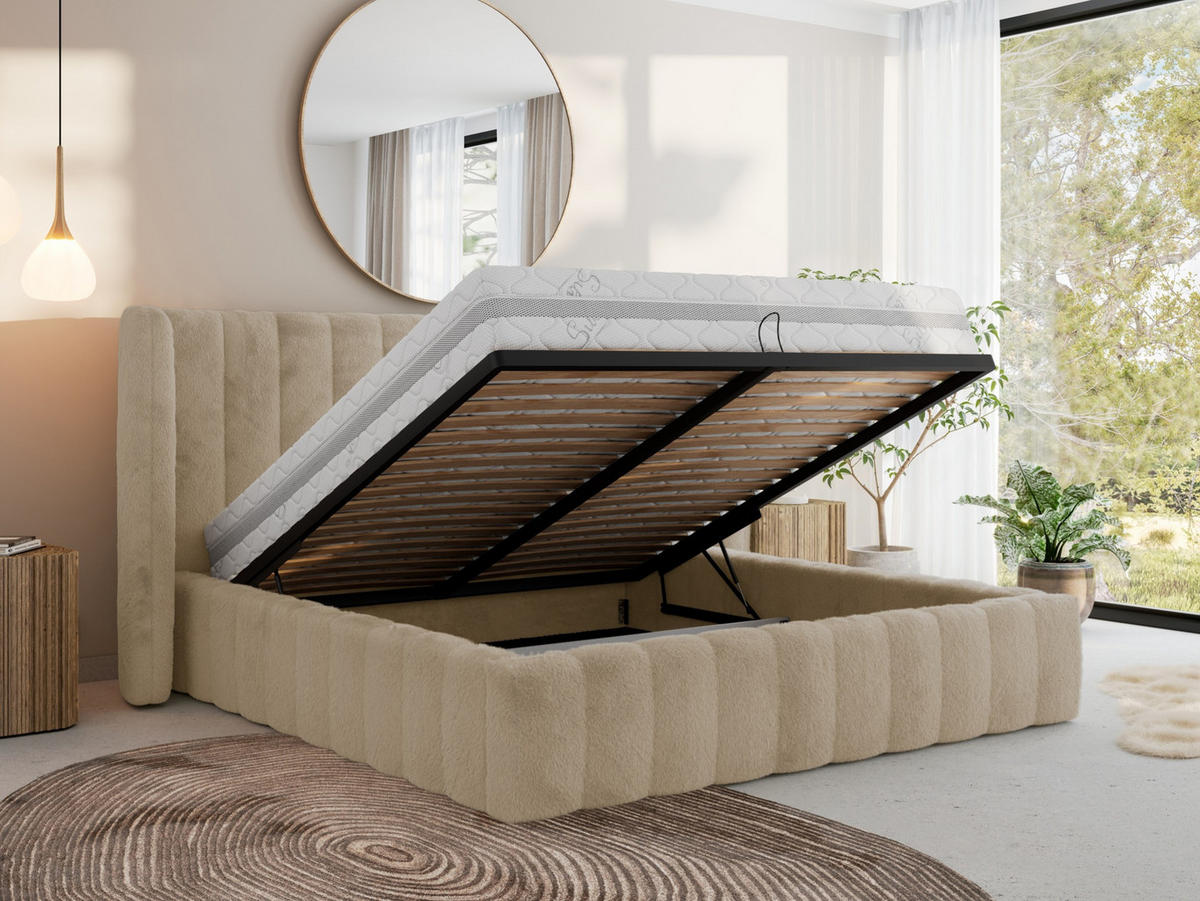 POLSTERBETT GOLETTA CLASSIC 160/200 - Creme Plüsch - Schaum-Matratze - Creme, Textil (160/200cm) - MKS