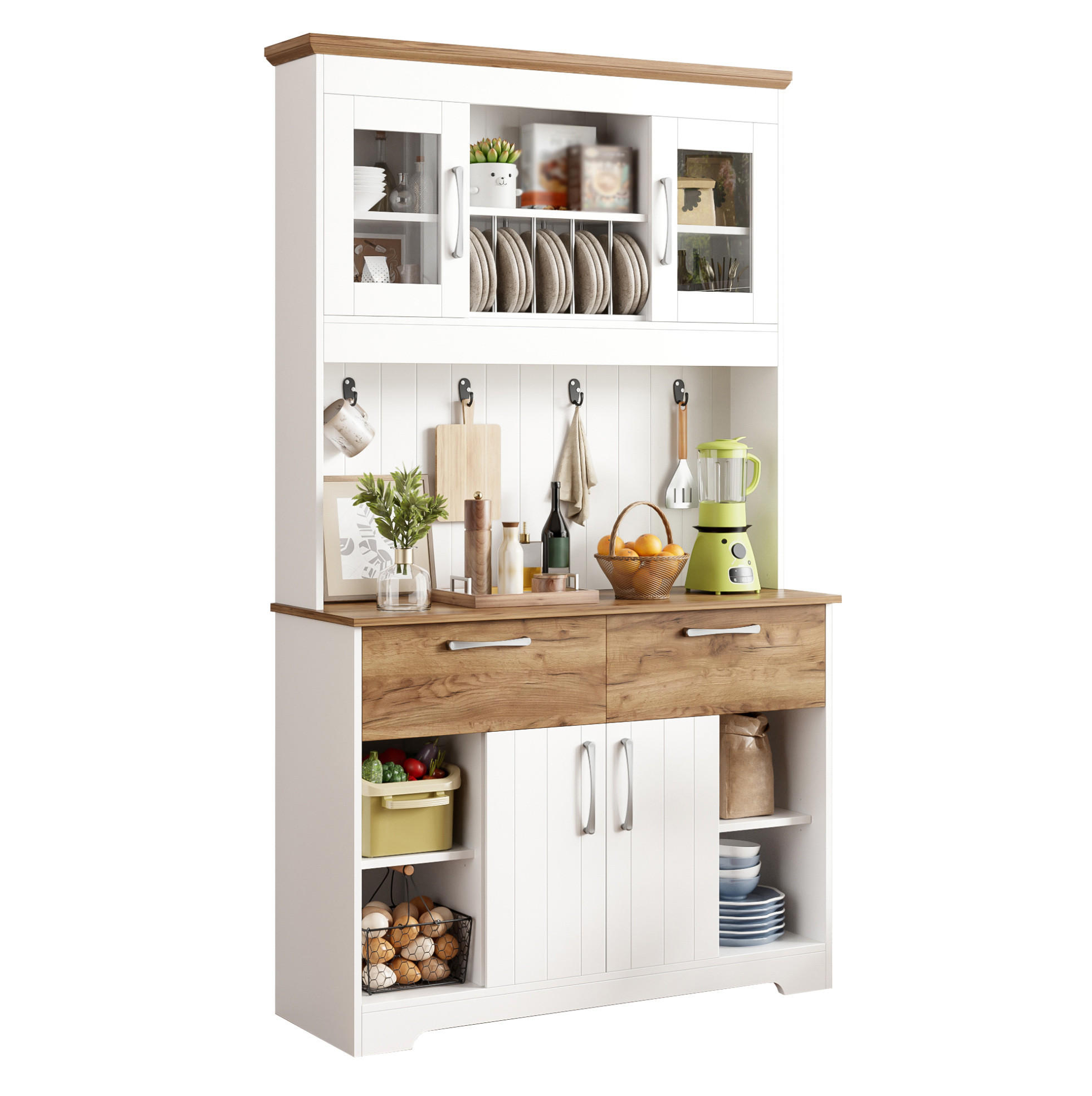 BUFFET mit Glastüren 106/39/176,5 cm mit 2 Schubladen & viel Stauraum - Naturfarben, Holzwerkstoff (106/176.5/39cm) - BEAOK