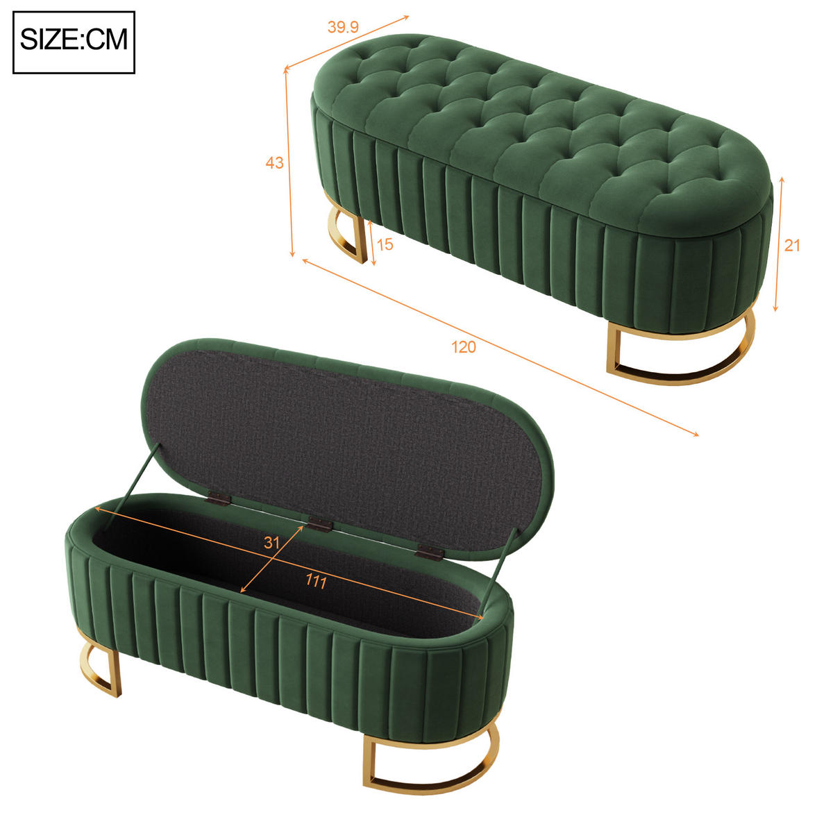 SITZBANK aus Samt Luxuriöse Polsterbank mit Stauraum & Gold-Gestell - Grün, Textil (120/43/39.9cm) - Urban Meuble