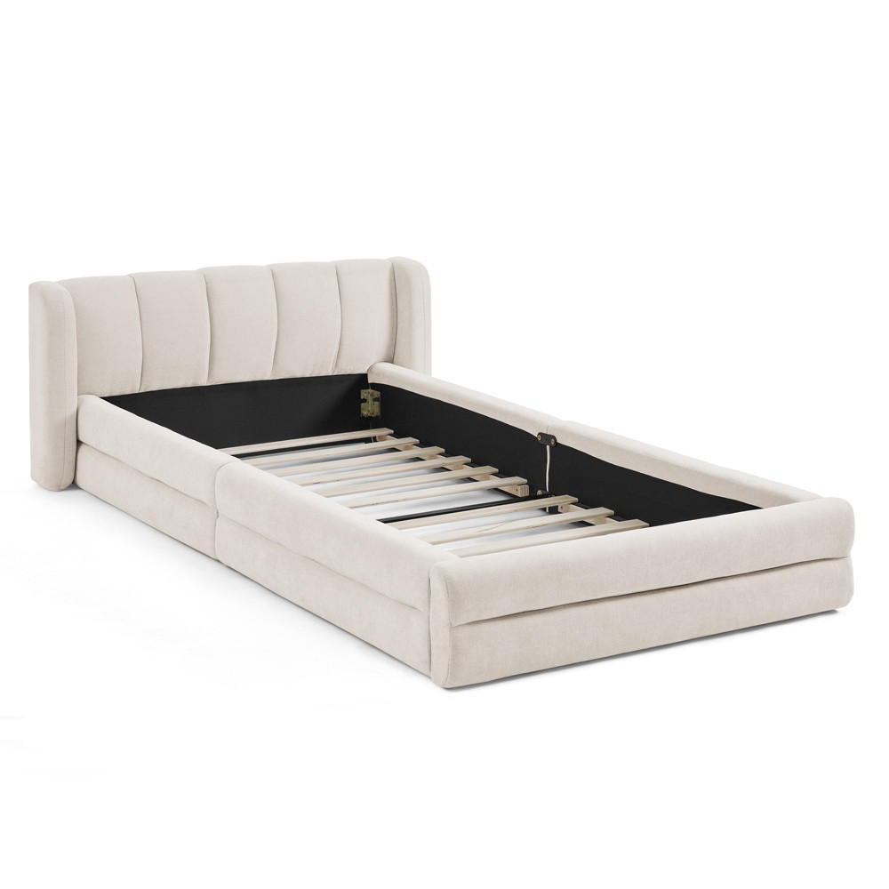 EINZELBETT 90x200 cm Chenille Rückenlehne beige - Beige, Kunststoff (90/200cm) - LEBENLANG