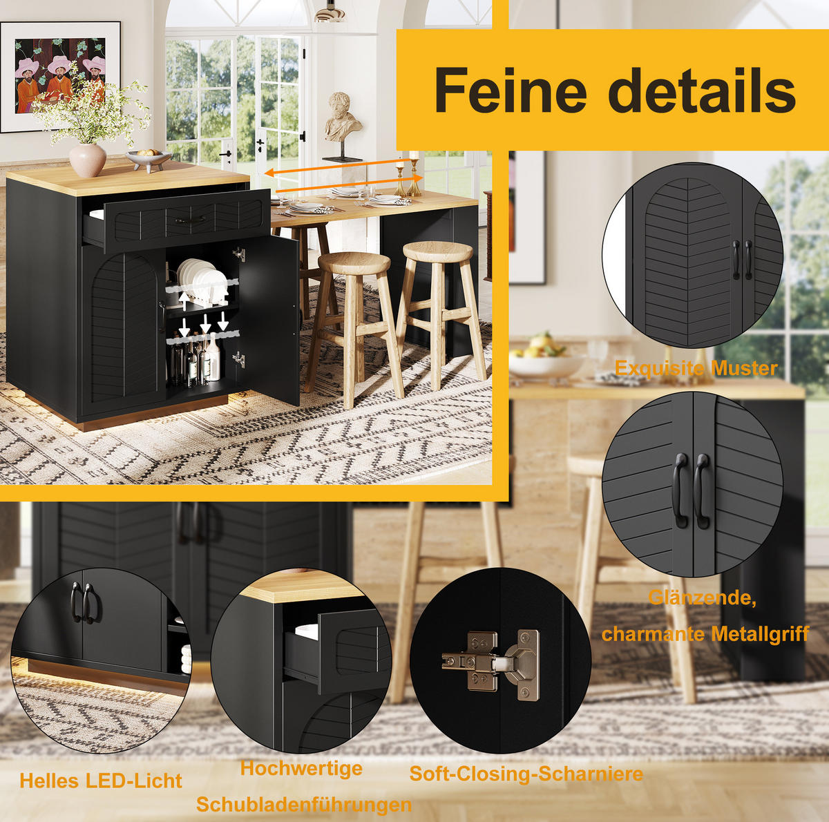 KÜCHENINSEL aus MDF 80x70x95,5 cm Schwarz mit Ausziehtisch, Weinregal und großem Stauraum - Schwarz, Holzwerkstoff (80/95.5/70cm) - Modfu
