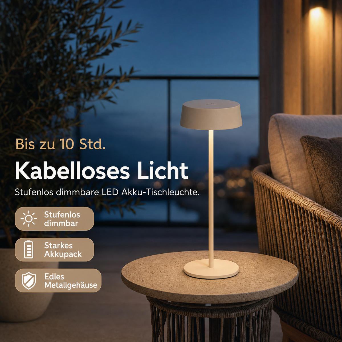 LED-TISCHLEUCHTE - dimmbar, kabellos, IP54, Metallgehäuse, für Innen- und Außenbereich, beige, höhenverstellbar - Beige, Metall (13.5/13.5/36cm) - Northpoint