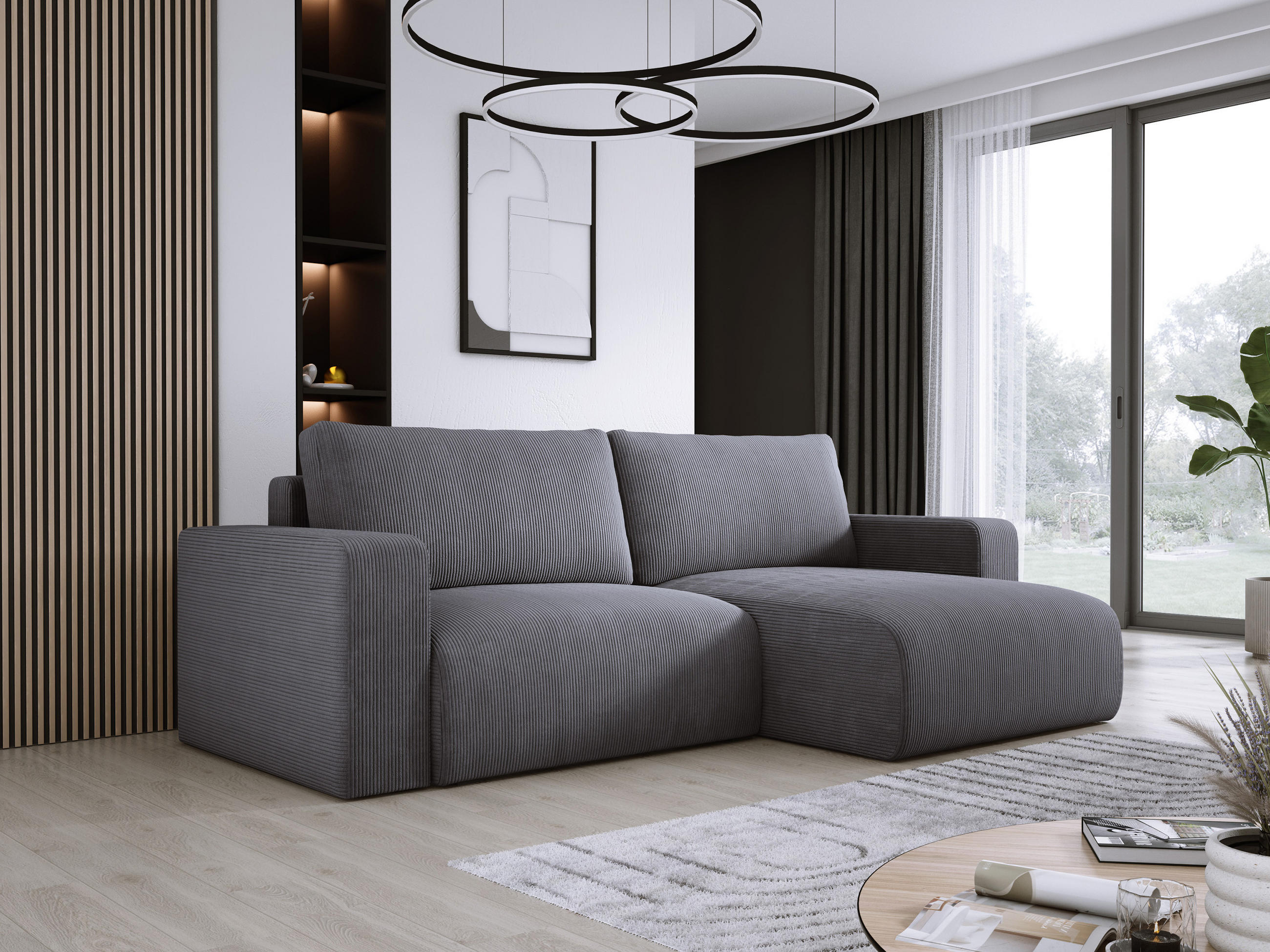 ECKSOFA Carl L-förmig Schlaffunktion und Bettkasten weicher Cordstoff flexibel stellbar lose Rückenkissen freistehend RECHTS 247x143x83cm Grey - Grau, Holz/Textil (247/143cm) - DomoHome