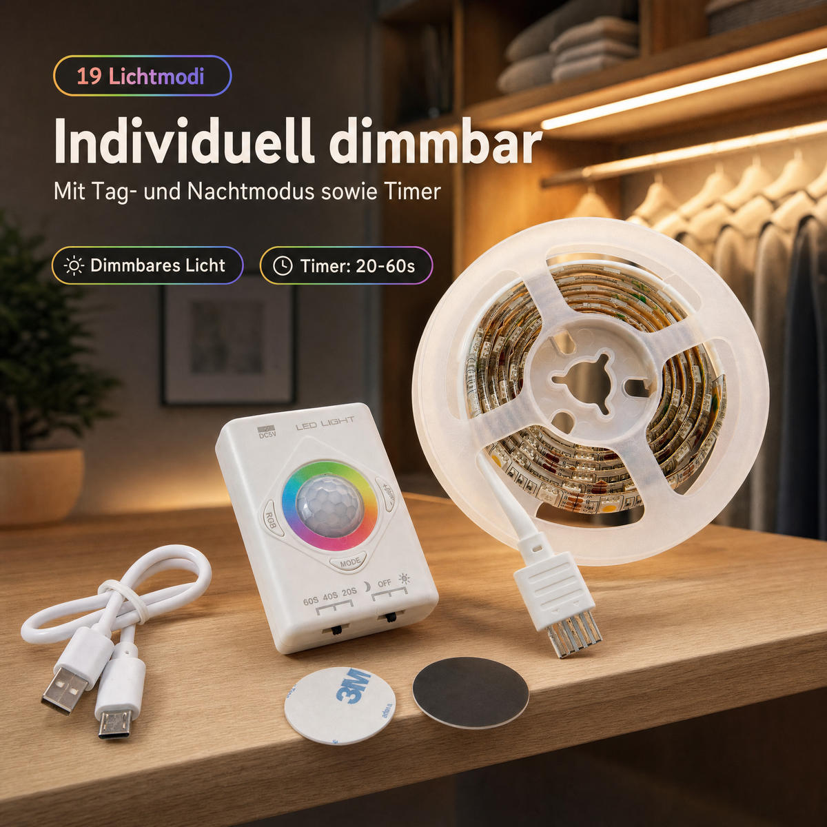 LED-STREIFEN mit Bewegungsmelder - Aufladbar und dimmbar für Innenbereich, 2er-Set - Weiß, Kunststoff (2cm) - Northpoint