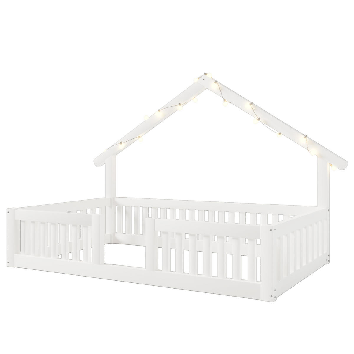 HAUSBETT 90x200 cm in Weiß mit Rausfallschutz und LED-Lichterkette - Weiß, Holz (90/200cm) - IVMEU