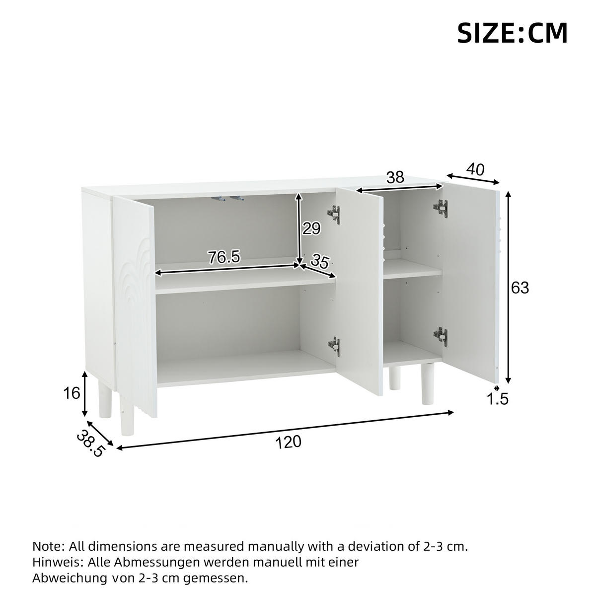 SIDEBOARD 120 cm in Weiß Kommode mit 3 Designtüren & verstellbaren Fächern - Weiß, Holzwerkstoff (120/79/38.5cm) - Urban Meuble
