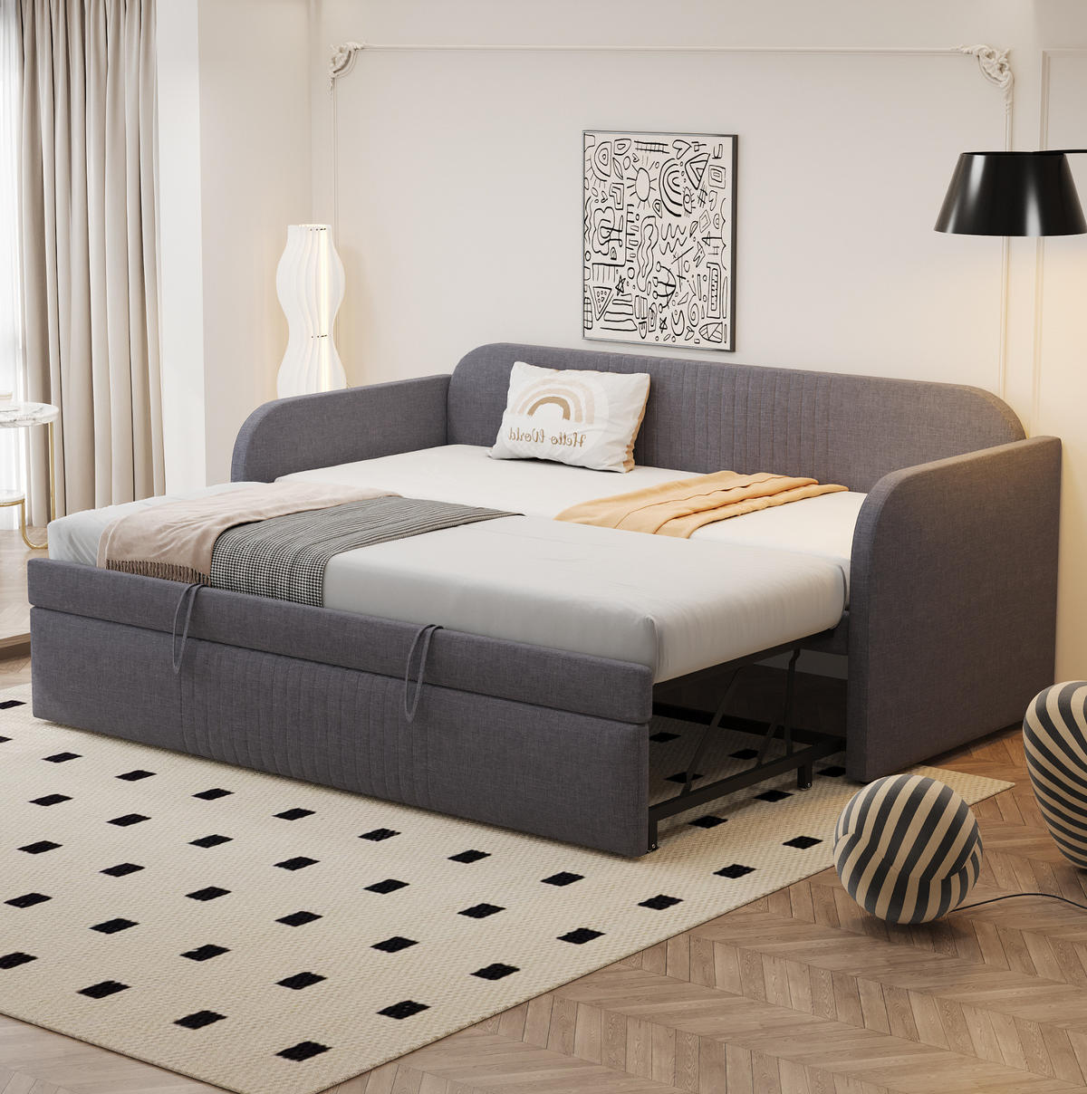 SCHLAFSOFA Ausziehbar mit Lattenrost Grau 90/180/190 cm - Grau, Leder (200.5/86/99cm) - OKWISH