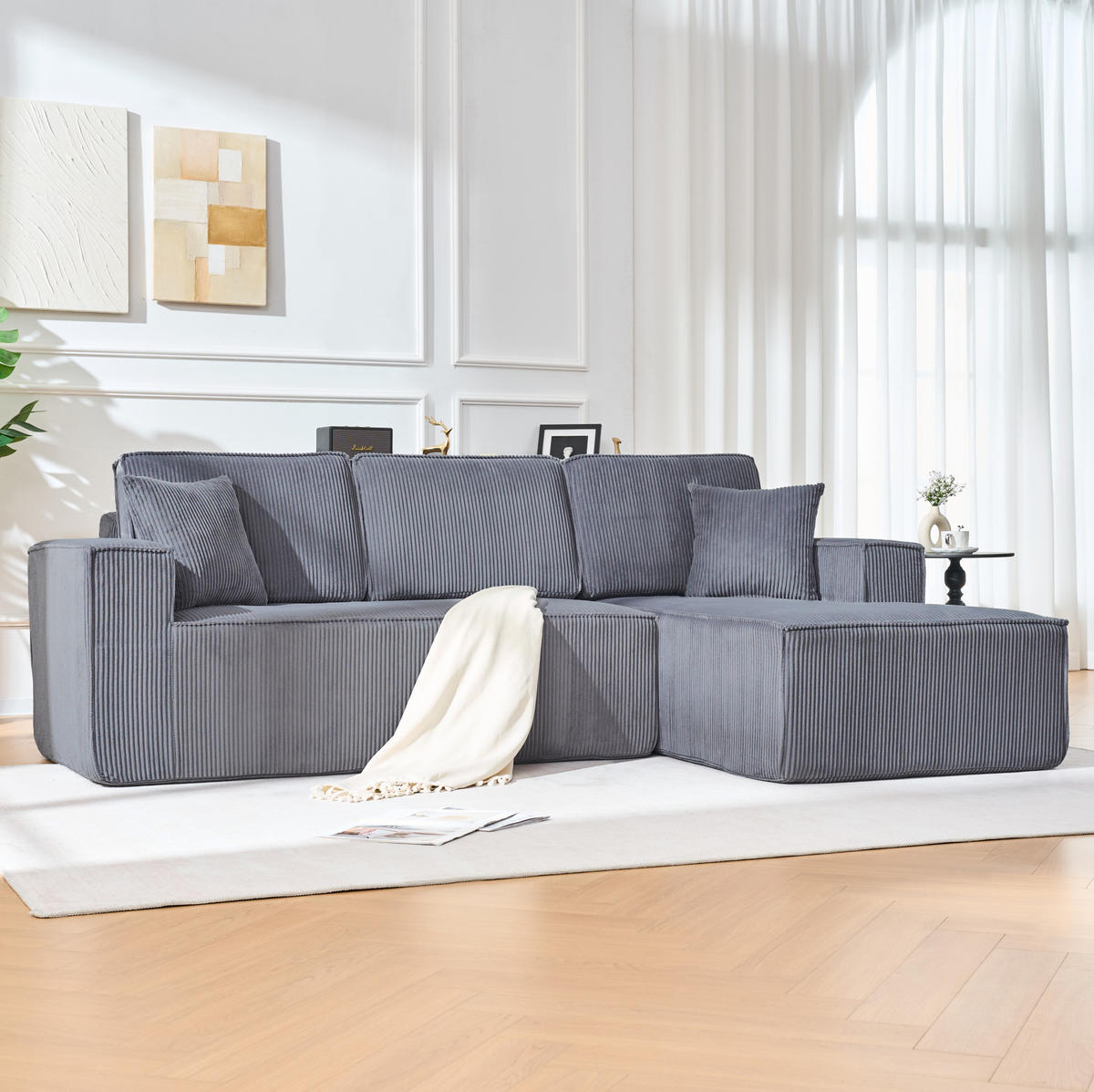 ECKSOFA 235/128/60 cm grau aus Cordstoff modular mit Chaiselongue - Grau, Textil (128/235cm) - OKWISH
