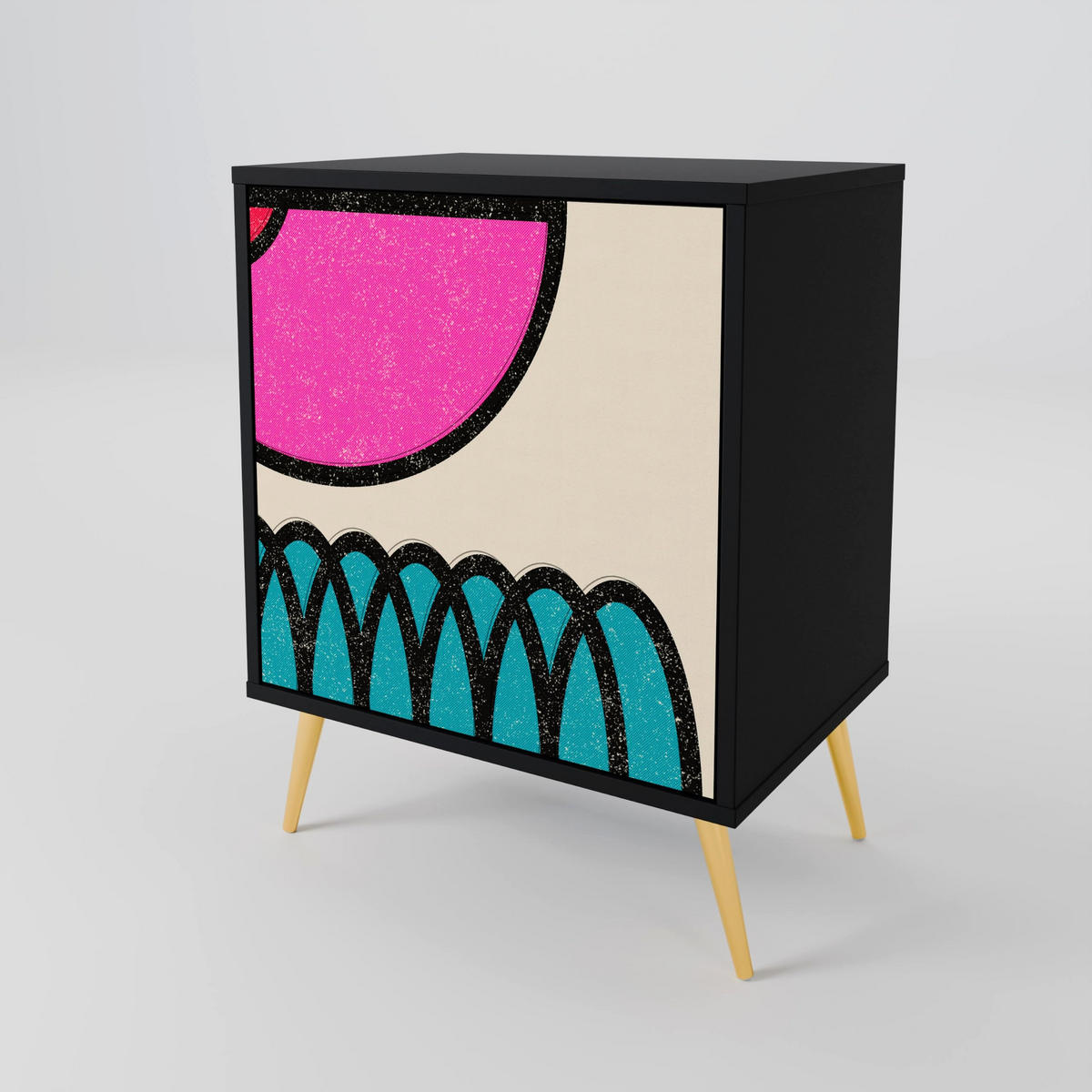 SIDEBOARD GEOMETRIC RHAPSODY, Schwarz, 57,5x42x72,5 cm, Schwarze Metallfüße - Multicolor/Schwarz, Holzwerkstoff/Metall (57.5/72.5/42cm) - SpaceRebels