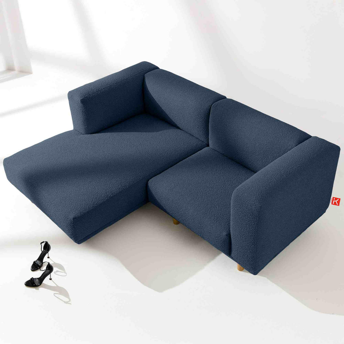 ECKSOFA-LINKS FOSERO, Bouclé - Buchefarben/Dunkelblau, Holz/Holzwerkstoff (204/155cm) - KONSIMO®