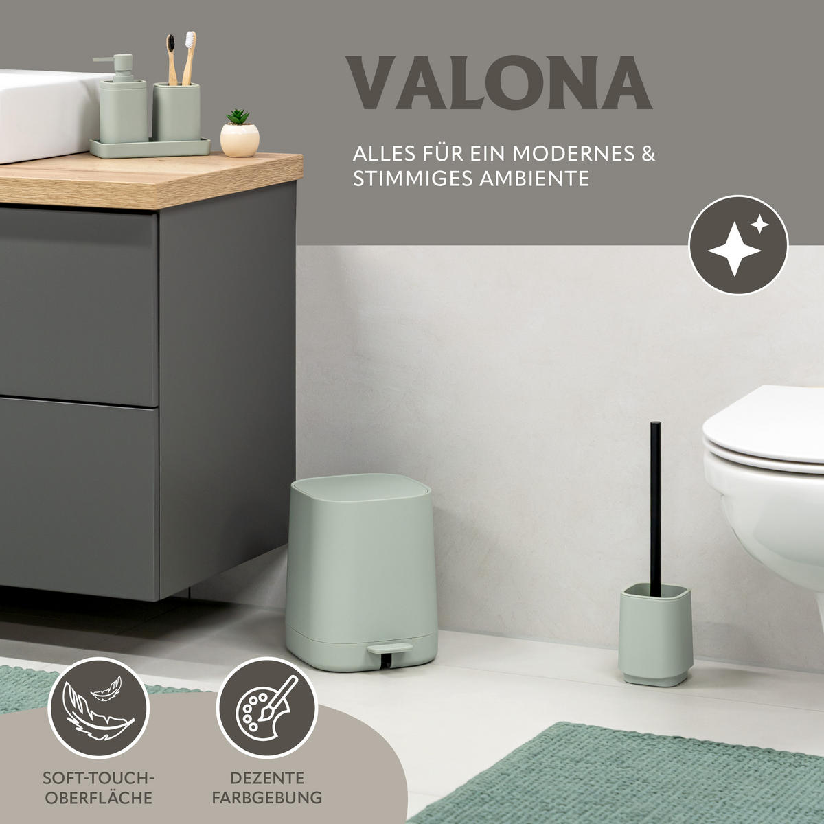 BAD-ACCESSOIRES-SET VALONA 2tlg., salbei, Kunststoff - Salbeigrün, Kunststoff (21/25.5/21cm) - eluno