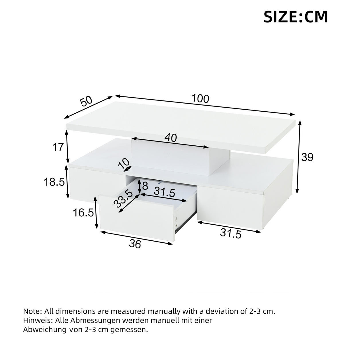 COUCHTISCH 100/50 cm mit LED-Beleuchtung und Schublade in Weiß - Weiß, Holzwerkstoff (100/50/39cm) - BEAOK