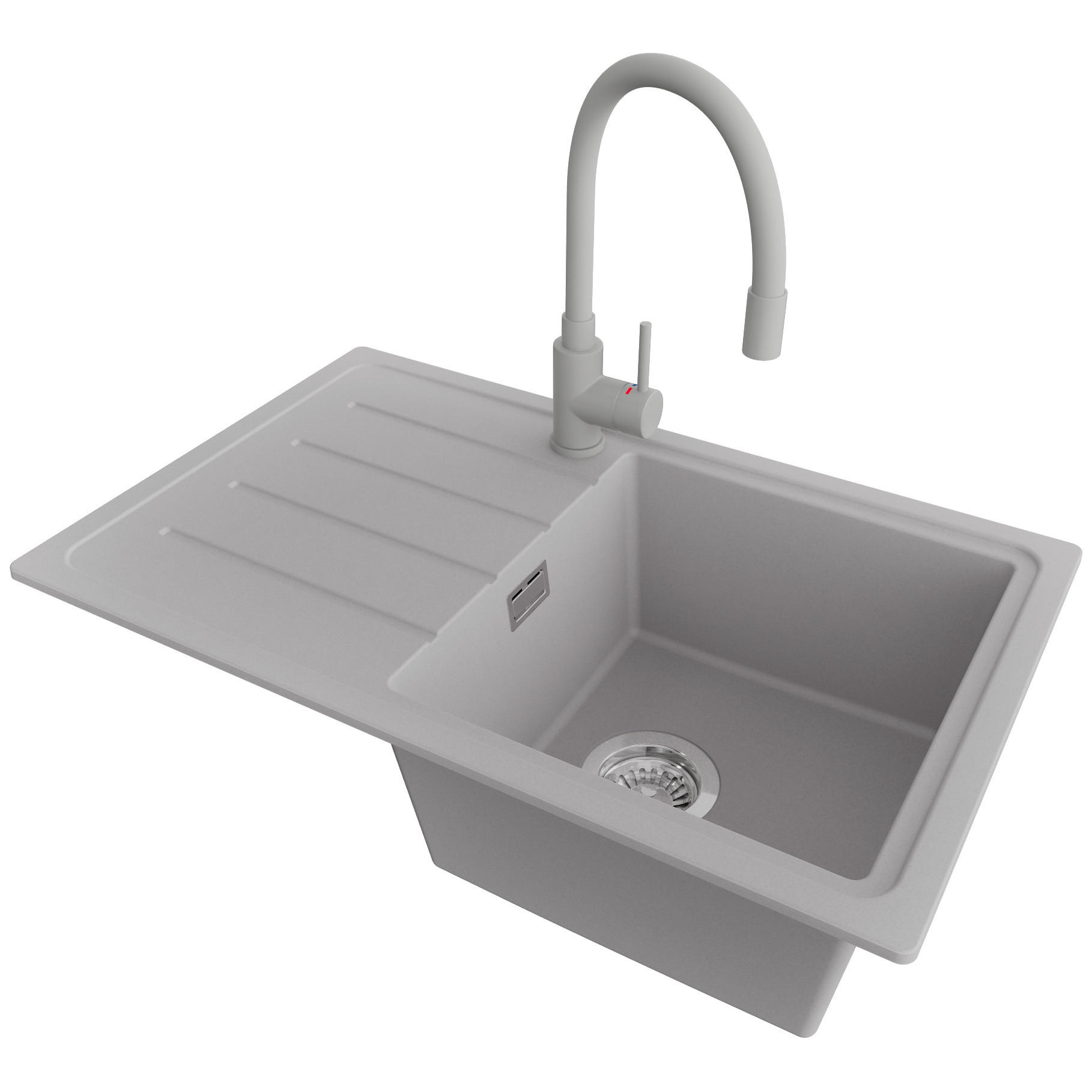 GRANITSPÜLE Kopenhagen Easy, 2-er set Grau 70/44 cm 1 Becken + Küchenarmatur 38/14 cm + Ablauf-Set ab 45er Unterschrank - Chromfarben/Grau, Kunststoff (70/20/44cm) - Primagran