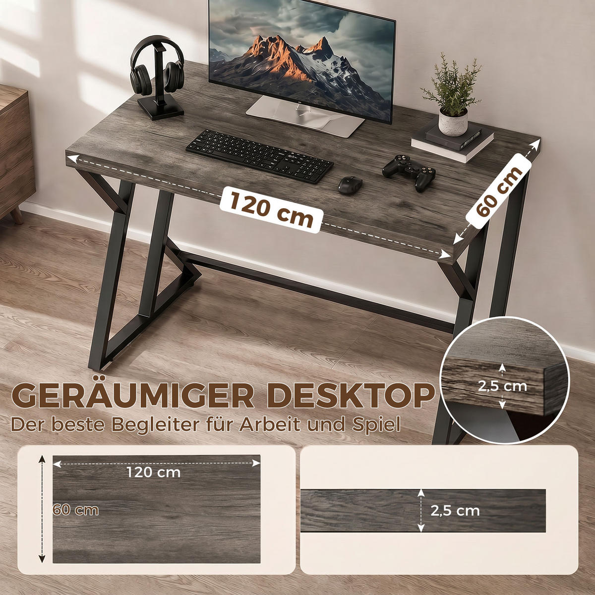 COMPUTERTISCH Grau Holzoptik mit Z-Metallgestell 120/60/76.5 cm - Grau, Holzwerkstoff (60/120/76.5cm) - PANGIVO