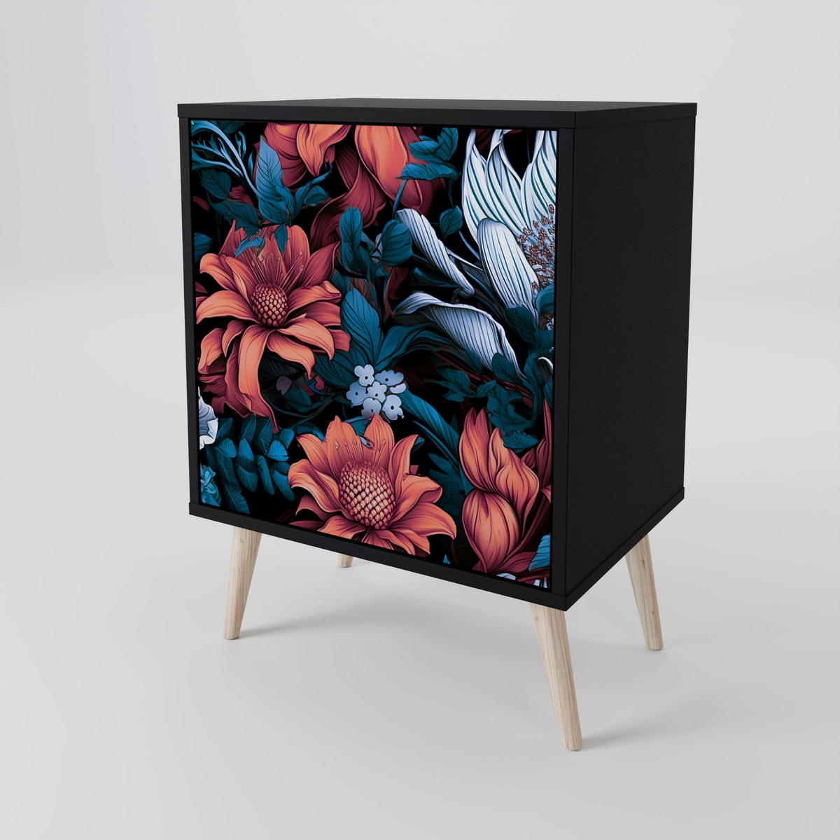 SIDEBOARD ETHEREAL BLOSSOMS, Schwarz, 57,5x42x72,5 cm, Schwarze Metallfüße - Multicolor/Schwarz, Holzwerkstoff/Metall (57.5/72.5/42cm) - SpaceRebels