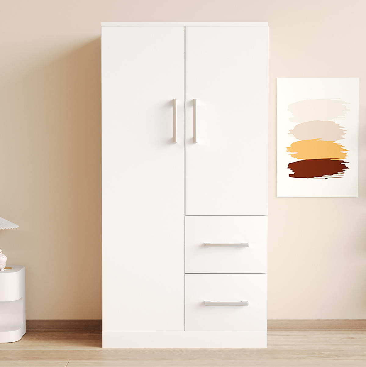 KLEIDERSCHRANK 70/40/135 cm Weiß/Naturholz aus Holz mit Doppeltüren und 2 Schubladen - Weiß, Holz (70/135/40cm) - OKWISH