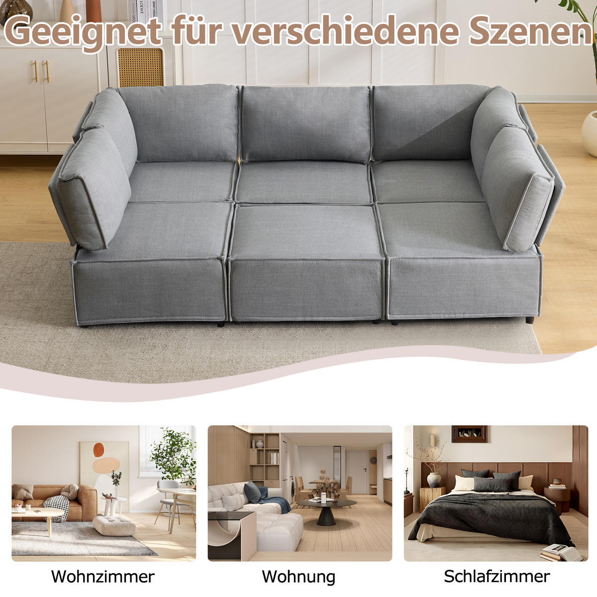 WOHNLANDSCHAFT Leinen Hellgrau mit Schlaffunktion - Hellgrau, Holzwerkstoff/Textil (308/77/152cm) - WISHDOR