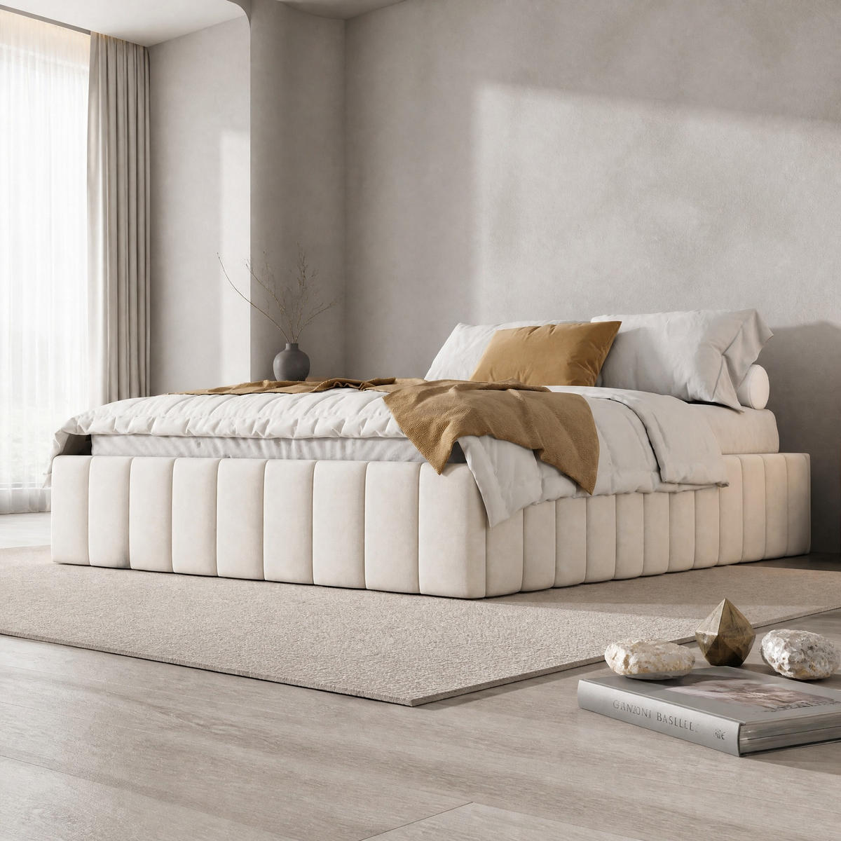 POLSTERBETT 140/200 mit 4 Schubladen, Lattenrost und ohne Kopfteil aus Samt in Beige - Beige, Holzwerkstoff/Textil (140/200cm) - EVRYAE