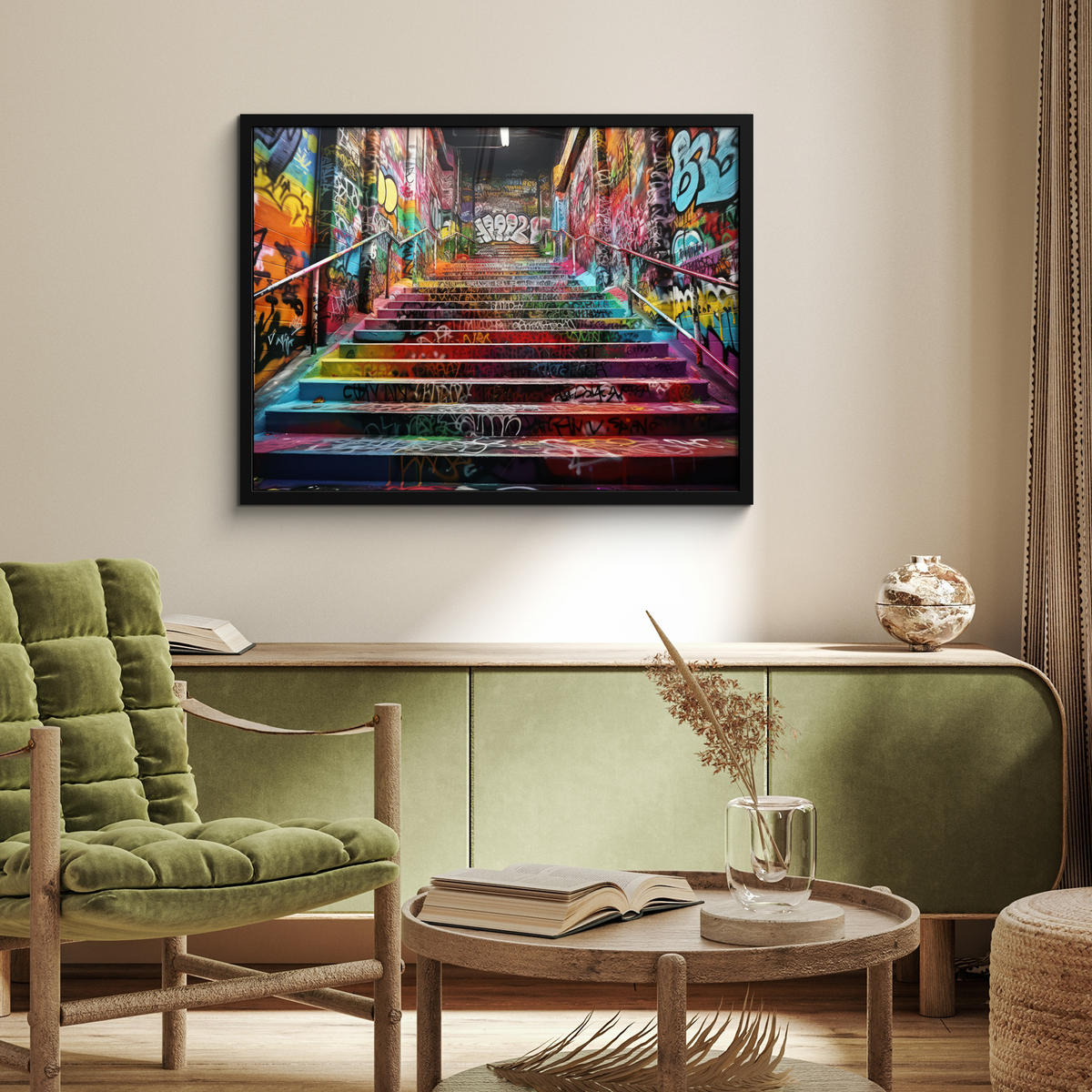 POSTER MIT RAHMEN Treppe - Graffiti - Farben - Kunst 80x60 cm - Multicolor, Papier (80/60cm) - MuchoWow
