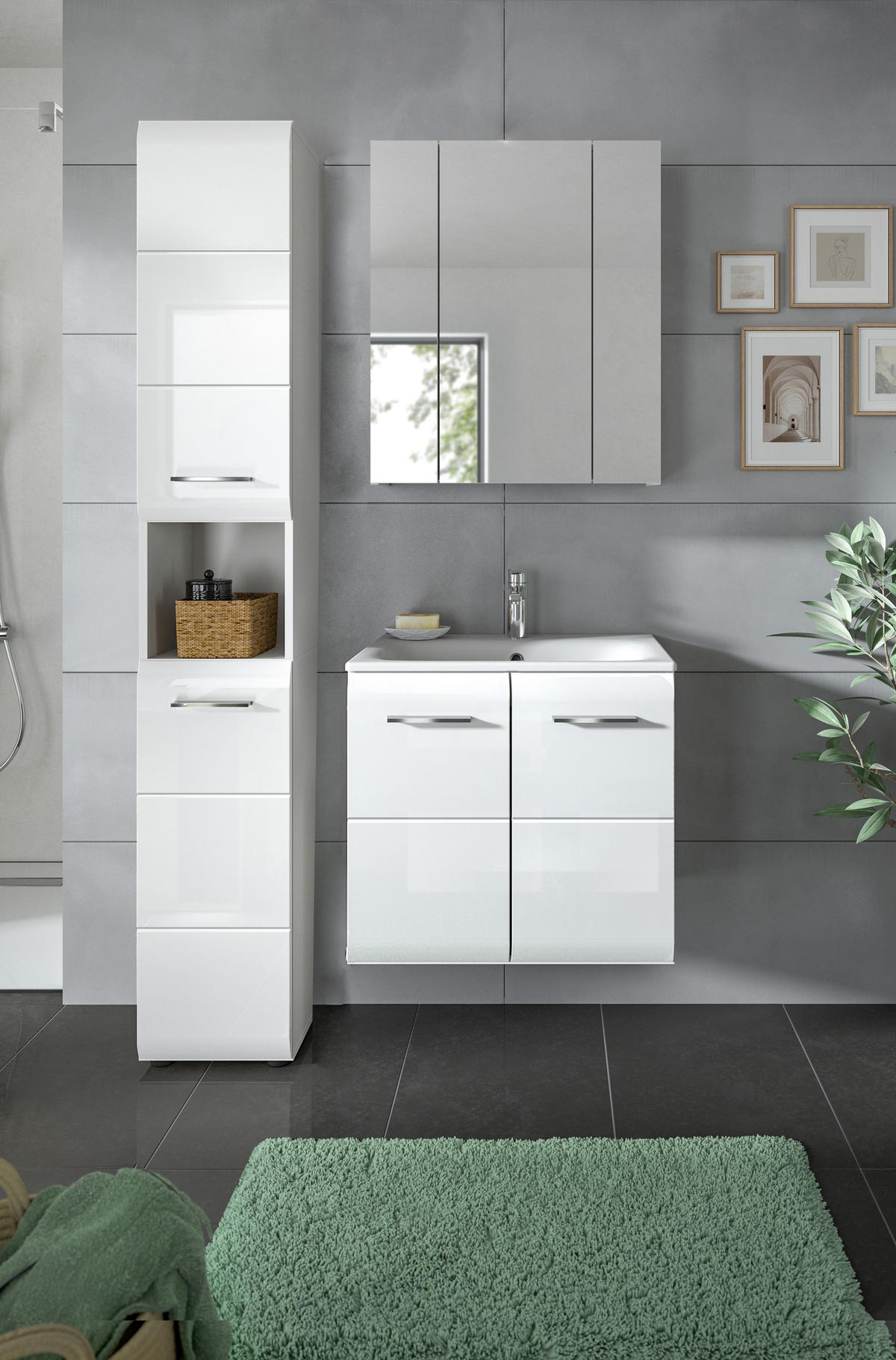 BADEZIMMER 3 tlg. Alba Bad in weiß und weiß hochglanz B/H/T: 105x185x46 cm - Weiß, Holz (105/185/46cm)