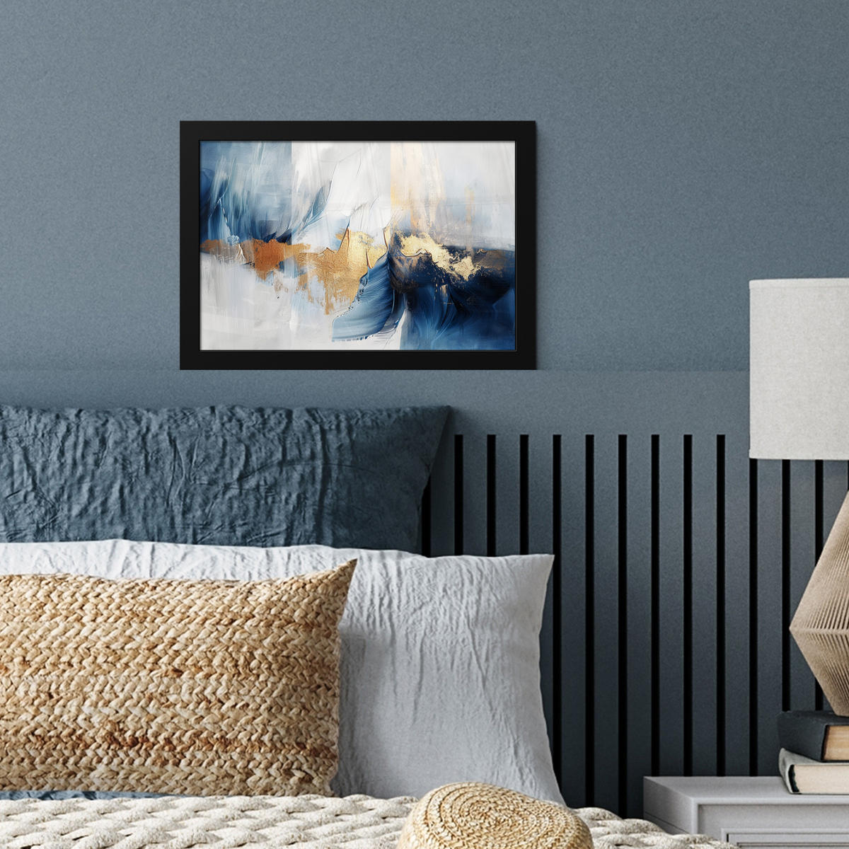 POSTER MIT RAHMEN Gold - Blau - Aquarell - Kunst - Modern 30x20 cm - Hellblau, Papier (30/20cm) - MuchoWow