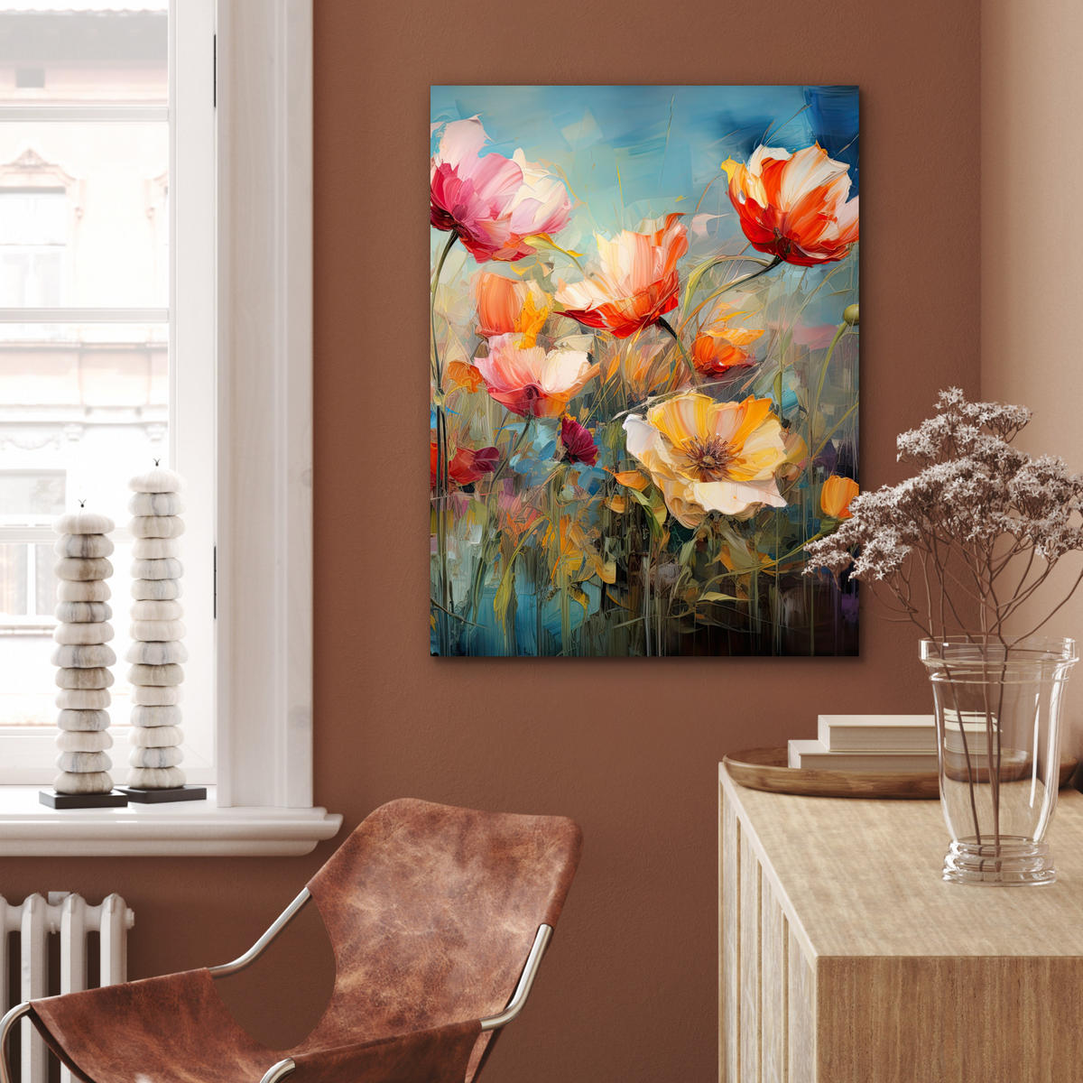 METALLBILD Blumen - Aquarell - Kunst - Botanisch - Natur 60x80 cm - Orange, Metall (60/80cm) - MuchoWow