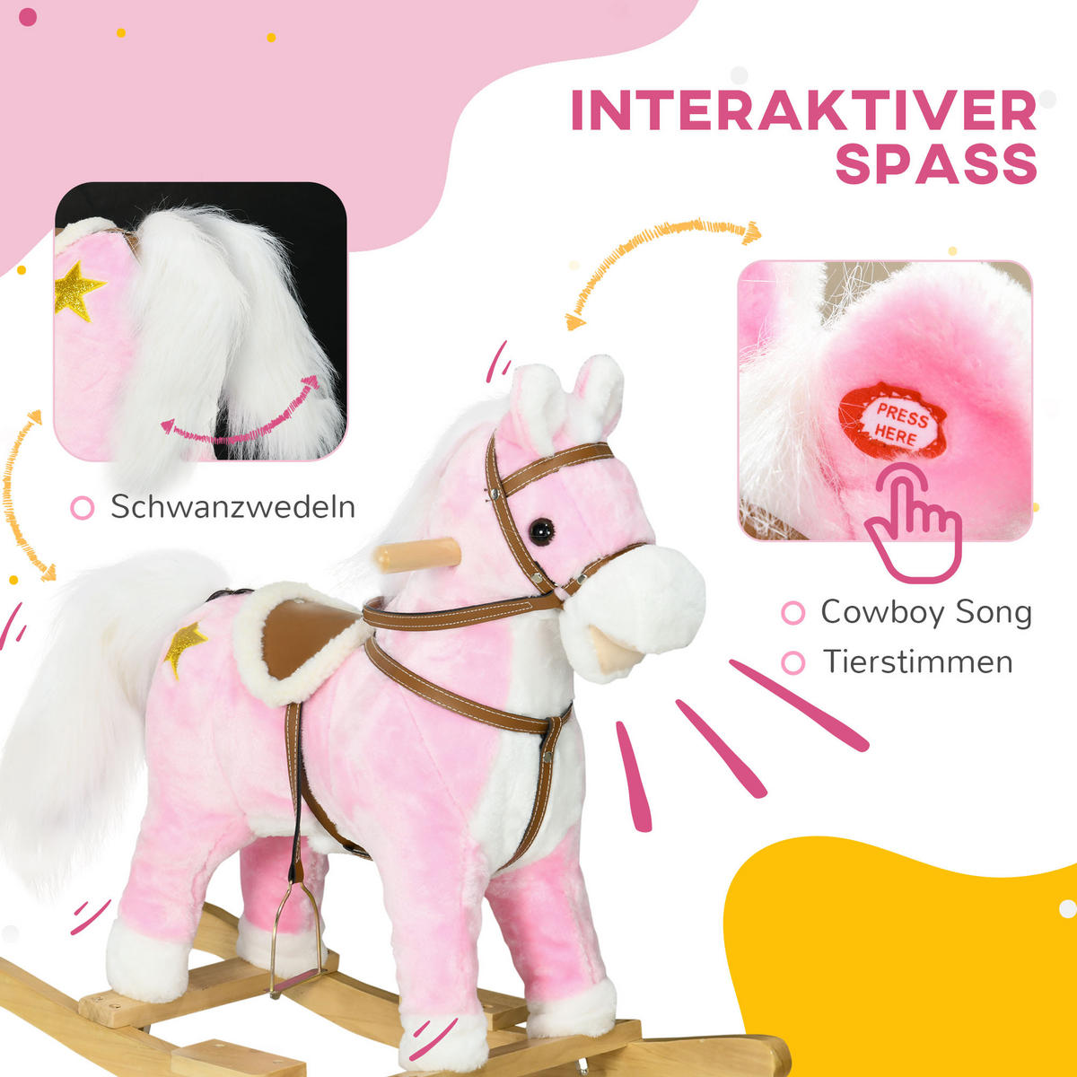KINDER SCHAUKELTIER, Rosa, Pappelholz+ Plüsch (100% Polyester) - Rosa, Holz (26/62/68cm) - HOMCOM