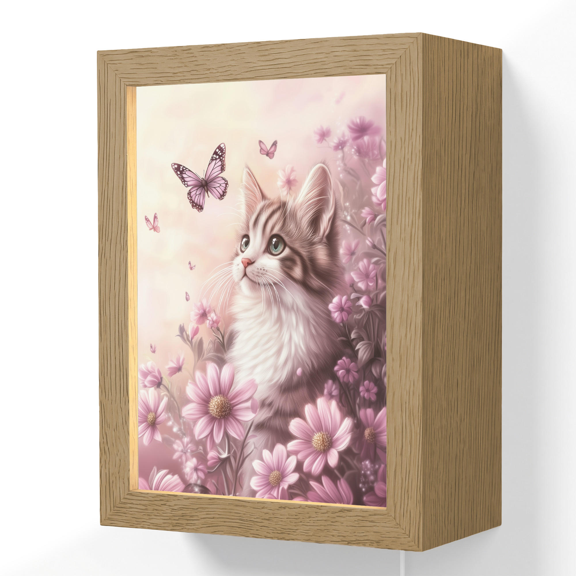 NÁSTĚNNÁ LAMPA Koťátko - Květiny - Motýli - Fialová 15x20 cm - starorůžová, kompozitní dřevo (15/20/8cm) - OnlyWow