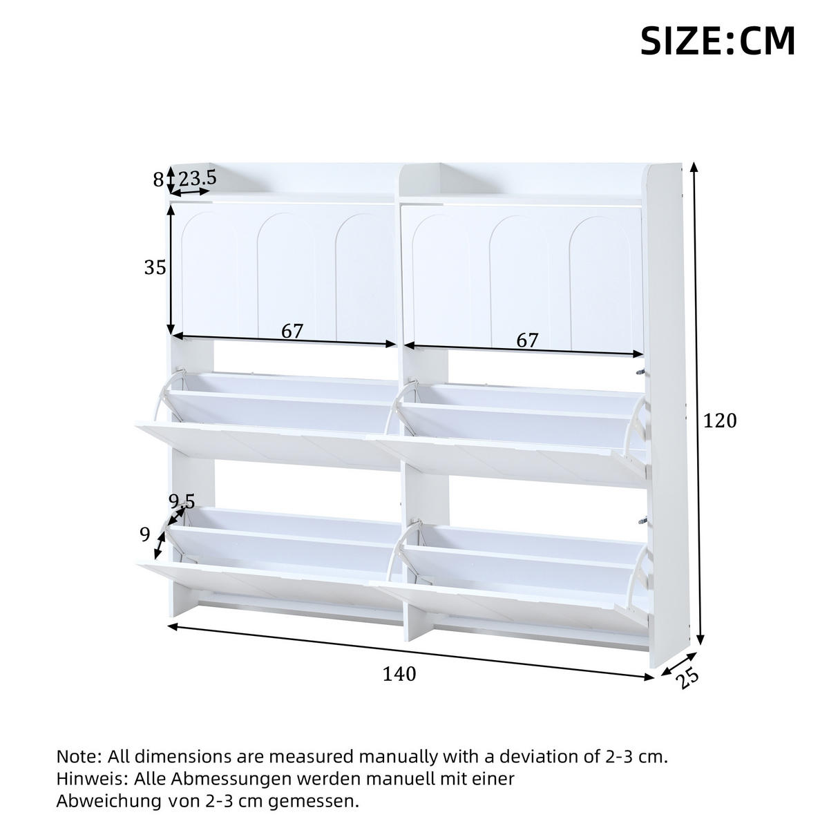 SCHUHSCHRANK 140/25/120 cm weiß aus MDF mit 6 Klappfächern - Weiß, Holzwerkstoff (70/120/25cm) - OKWISH