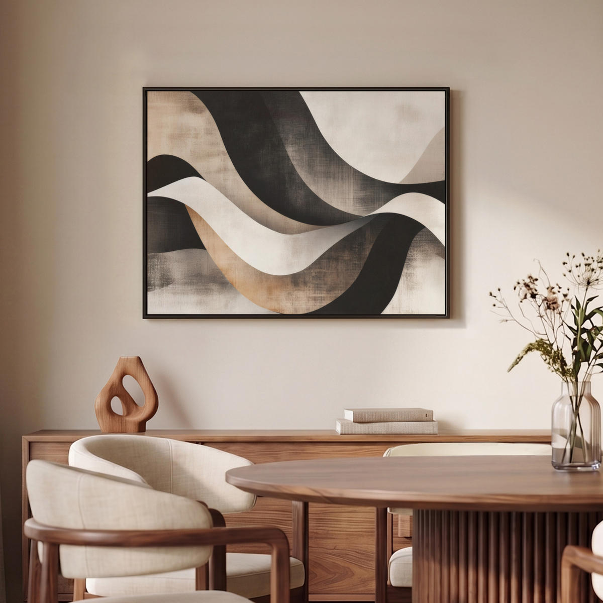 LEINWAND Bilder mit Rahmen - Abstrakt - Wellen - Schwarz - Verwittert - 80x60 - Trüffeleichefarben, Textil (80/60cm) - MuchoWow