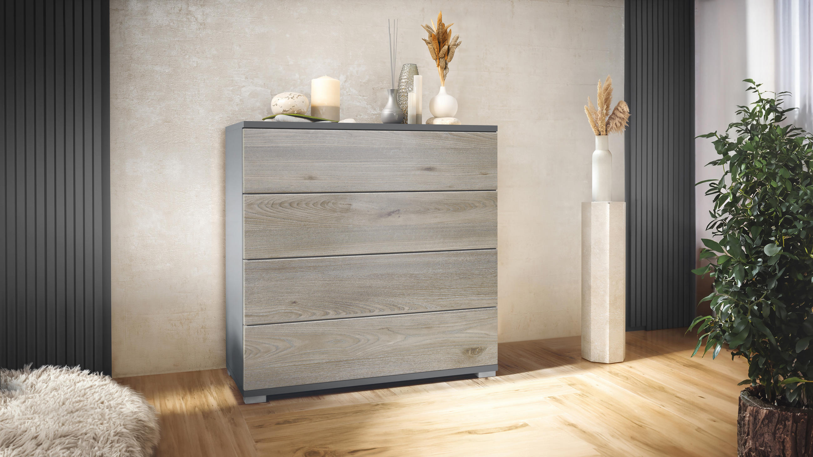 KOMMODE Pavos Eiche Nordic - Silbereichenfarben, Holzwerkstoff (76/76/35cm) - Vladon