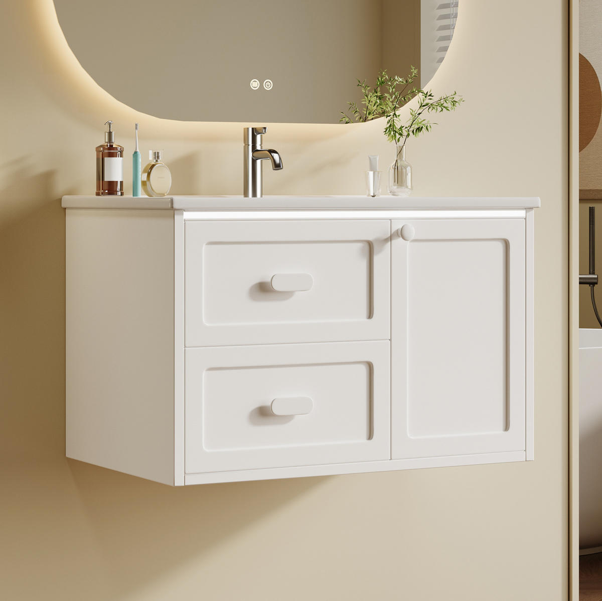 WASCHTISCHKOMBI 76/46/51 cm aus Keramik und MDF mit LED-Radarsensor-Beleuchtung - Weiß, Holzwerkstoff (76/51/46cm) - OKMYHOME