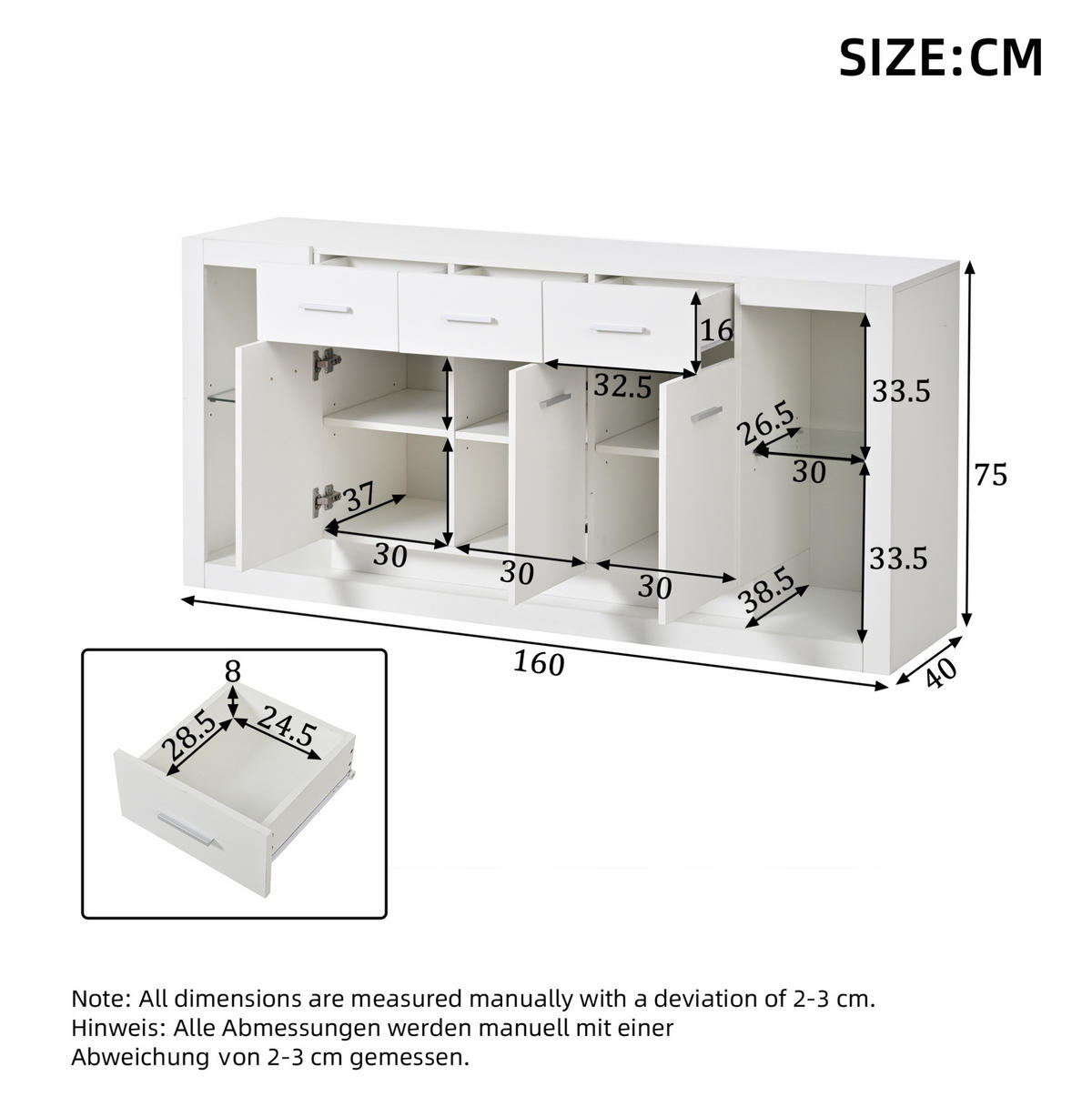 KOMODA 160/40/75 cm s LED osvětlením, 3 zásuvkami a vysokým leskem, Bílá - bílá, kompozitní dřevo (160/75/40cm) - Redom