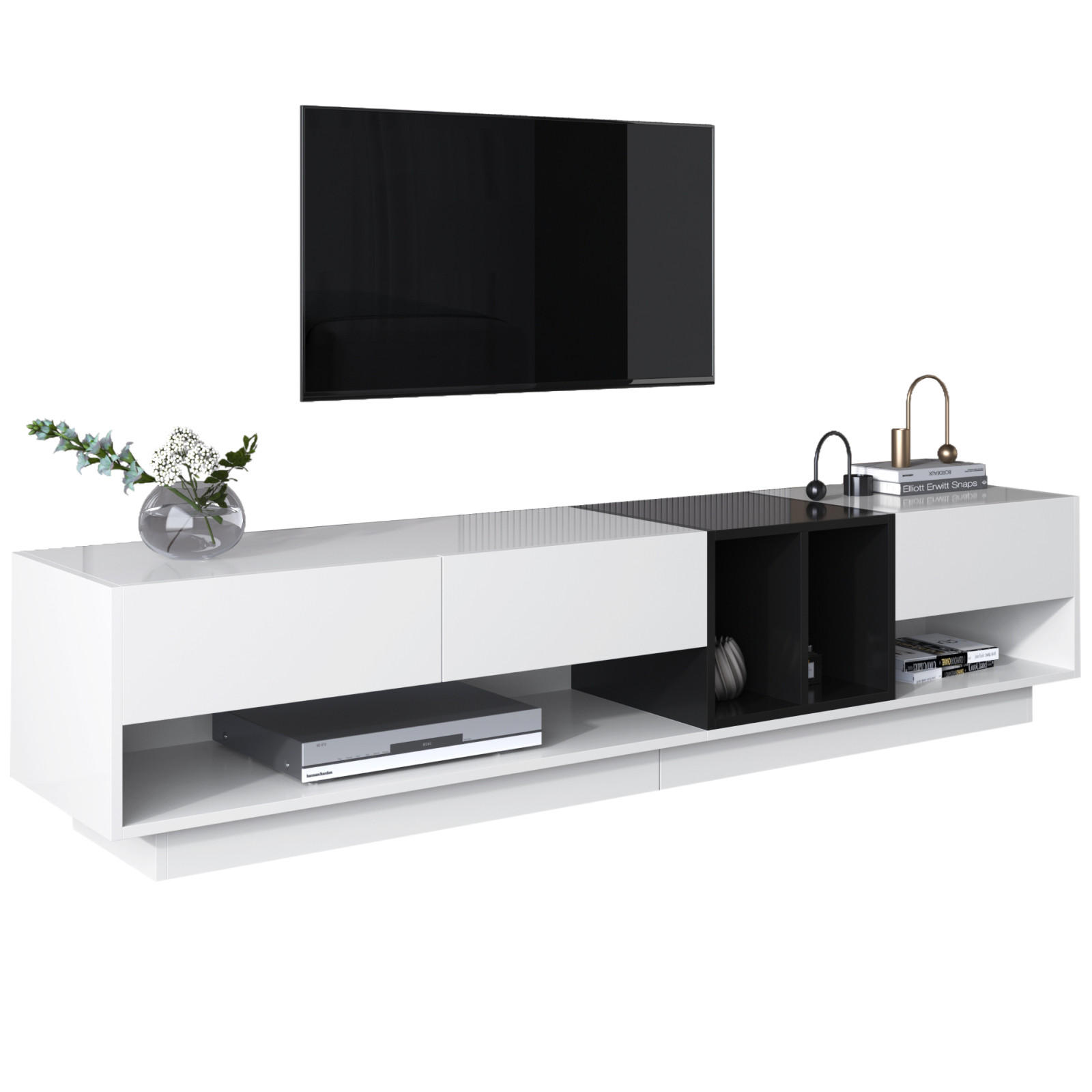 TV Lowboard 190x40x34 cm, 3 Schubladen, Weiß Schwarz - Weiß, Glas (190/34/40cm)