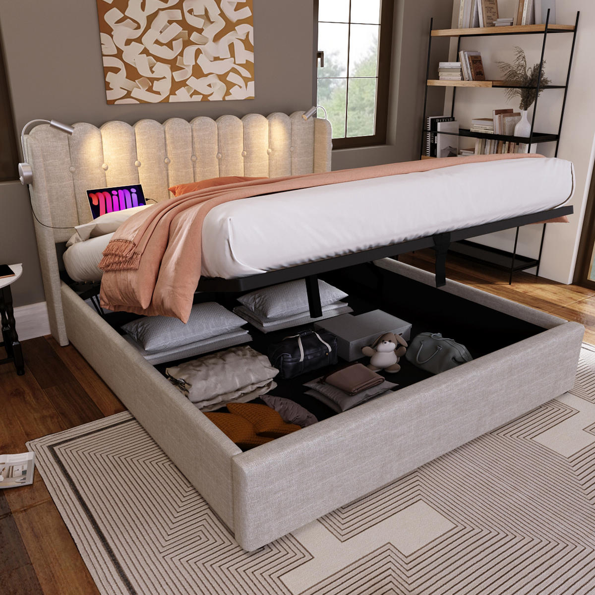 STAURAUMBETT 140/200 cm DE-00556, in Leinen Naturfarben, Leselicht - Naturfarben, Metall (140/200cm) - ComfortXL