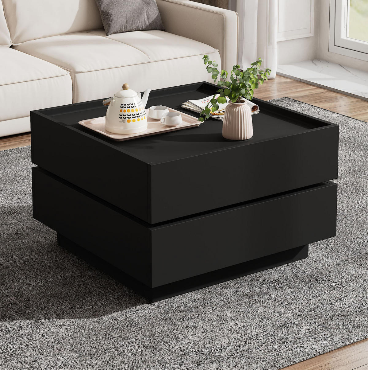 KONFERENČNÍ stolek 60/60/38 cm černý z dřevotřísky s otočnou deskou a úložným prostorem - černá, kompozitní dřevo (60/60/38cm) - OKWISH