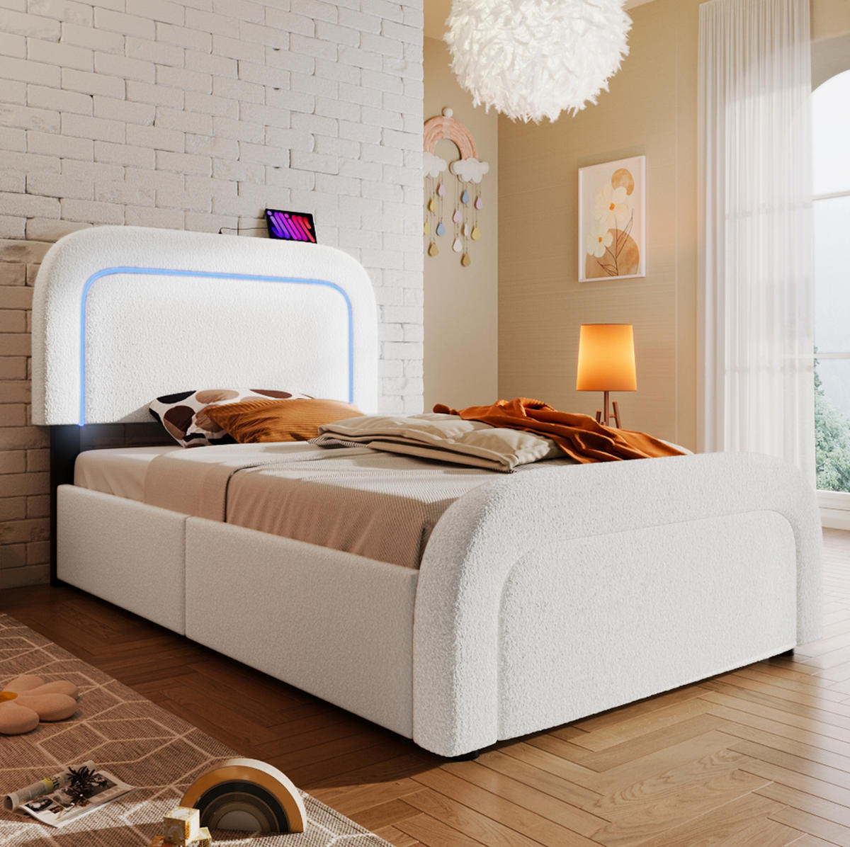 POLSTERBETT 90/200 cm Weiß mit LED-Beleuchtung, Schubladen und USB- und Type-C-Anschlüssen - Weiß, Textil (90/200cm) - Flora Grace