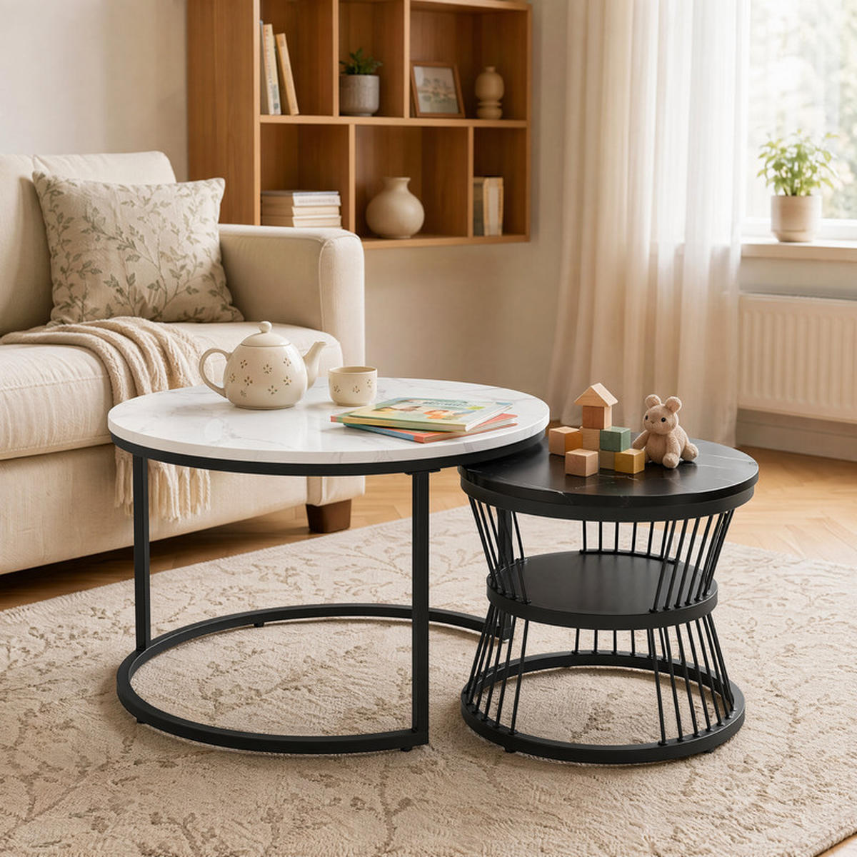 COUCHTISCH Set 2-teilig Rund Schwarz Weiß Marmoroptik mit Ablage - Schwarz, Holzwerkstoff (70/2/45.5cm) - SHOPENTRA