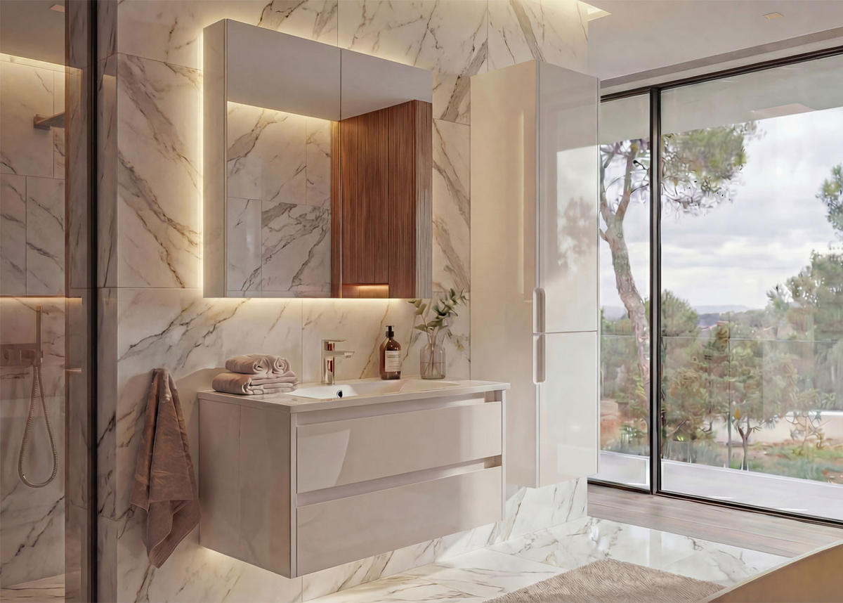 BADEZIMMERSET B19B Hochganz Reinweiß - Weiß Hochglanz, Holz (61/150/47cm) - MCW