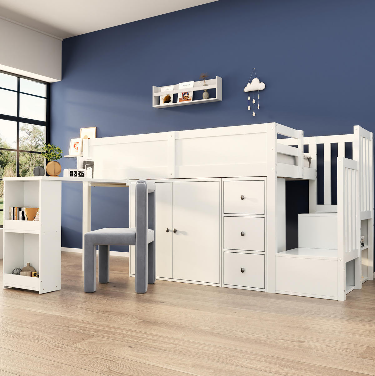 KINDERHOCHBETT 90/200 cm aus MDF mit ausziehbarem Schreibtisch und viel Stauraum Weiß - Weiß, Holzwerkstoff (90/200cm) - Modenvie