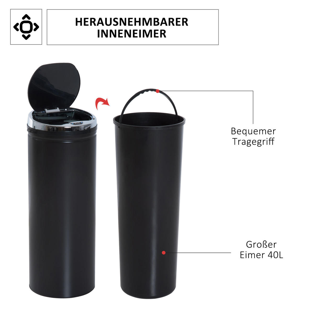SENSOR Mülleimer 50L Automatischer Abfalleimer für Wohnzimmer, Büro, Schwarz - Schwarz, Metall (30.5/81.5/30.5cm) - HOMCOM