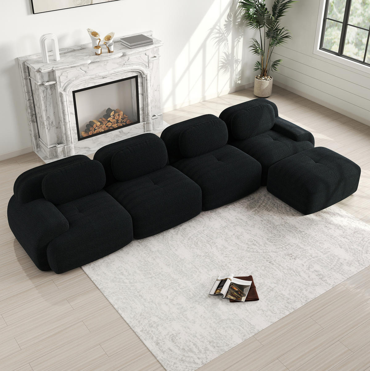SOFA modular mit Chaiselongue Cord Black 4-Sitzer - Schwarz, Kunststoff (178/388cm) - Meubliv