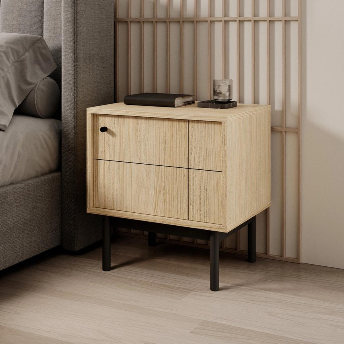 NACHTSCHRANK SORA SN1D (Eiche Linea, Gefräste Front, Haefele Soft-Close, Holzfüße) - Eichefarben/Schwarz, Holz/Holzwerkstoff (53/56/39cm) - Ravio