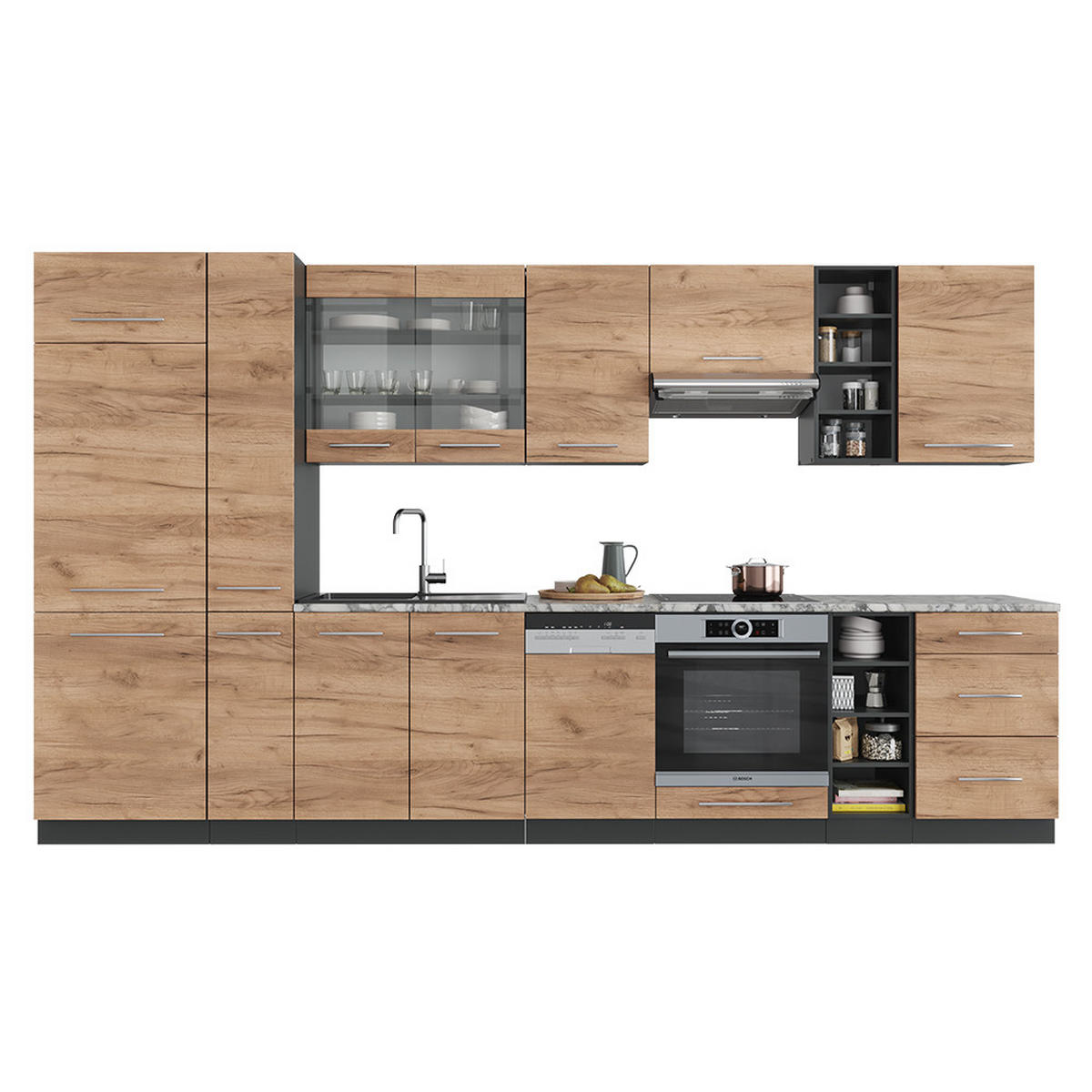 KÜCHENZEILE Fame-Line Goldkraft Eiche/Anthrazit 355 cm ohne AP - Anthrazit/Eiche Wotan, Holzwerkstoff (355/81.6/46cm) - Vicco